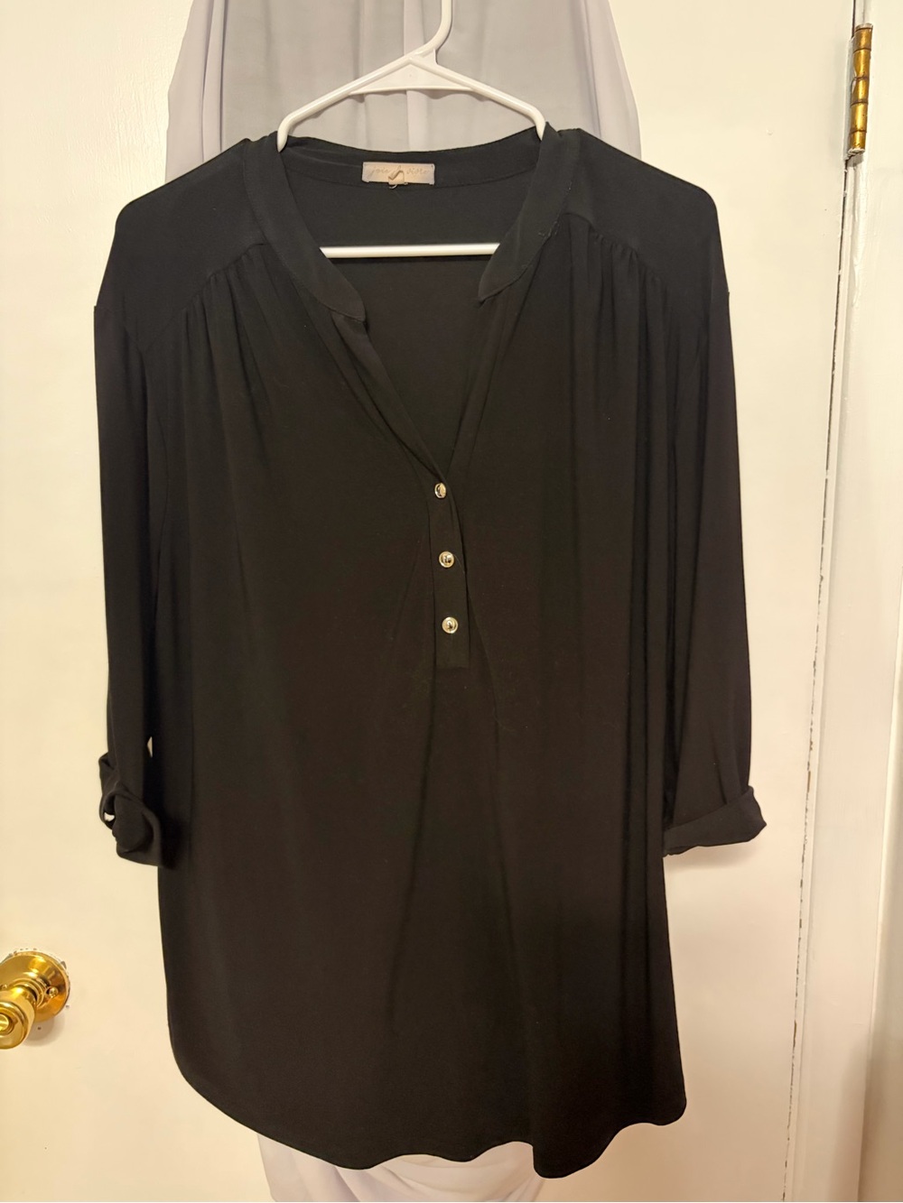 Lightweight Black Henley Button-Front Blouse